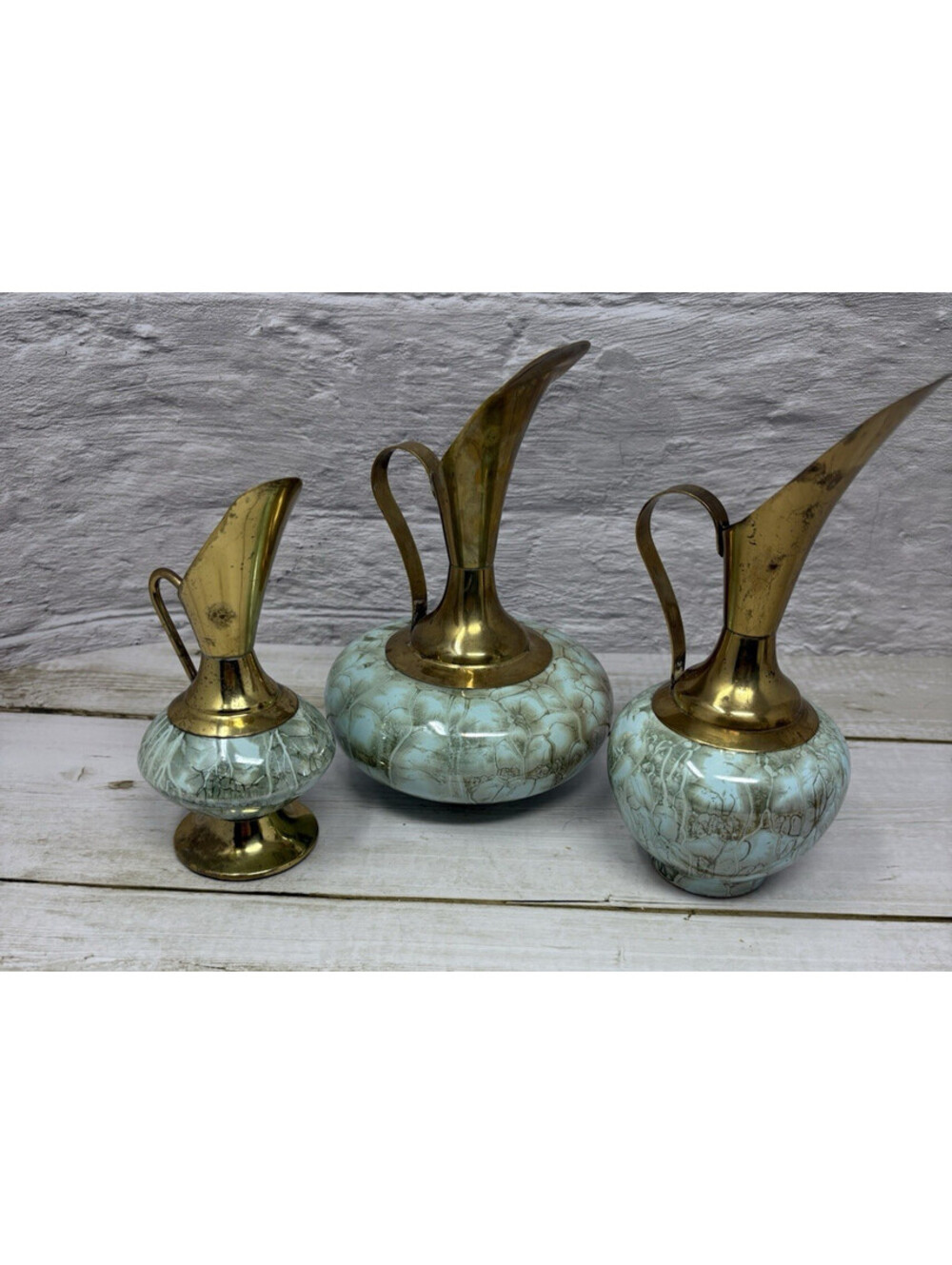 Set of 3 Delft Holland Hand Painted Ceramic and Brass Ewers Blue and Gold MCM